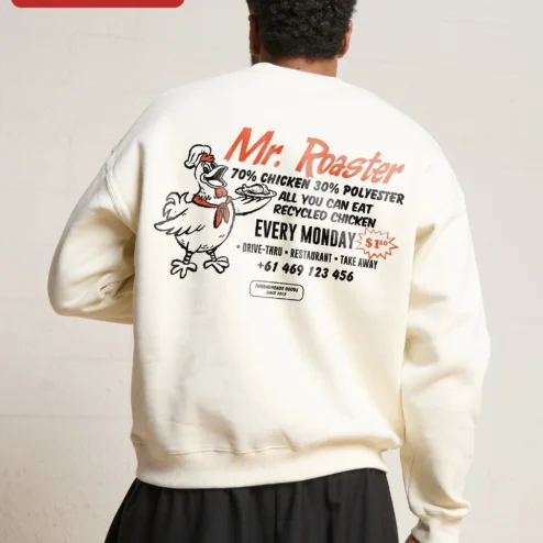 Close-up of Mr. Roaster All You Can Eat Recycled Chicken Threadheads Goods Sweatshirt for streetwear fans in Chicago, Illinois