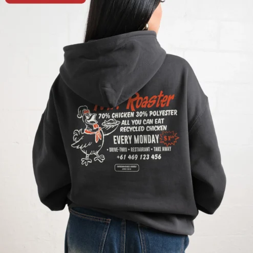 Close-up of Mr. Roaster Hoodie Vintage Logo Streetwear Pullover for Men for streetwear fans in Chicago, Illinois
