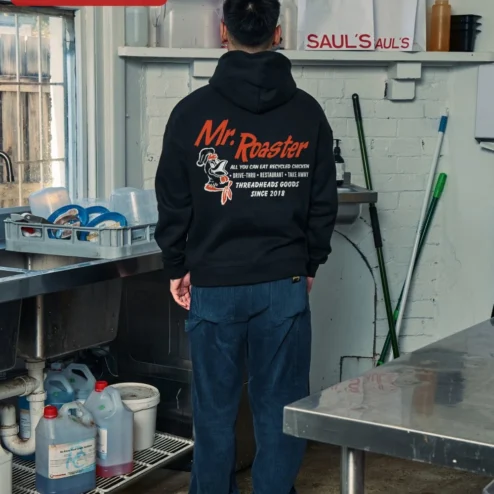 Mr. Roaster Hoodie Vintage Logo Streetwear Pullover for Men on a hanger, ready to ship from Chicago, Illinois