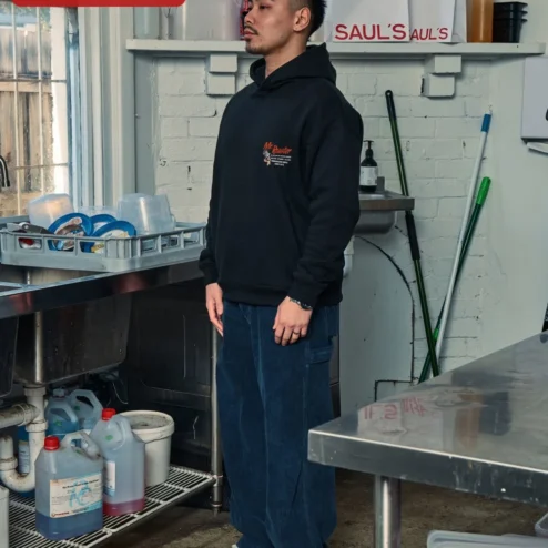 Customer in Chicago, Illinois wearing Mr. Roaster Hoodie Vintage Logo Streetwear Pullover for Men