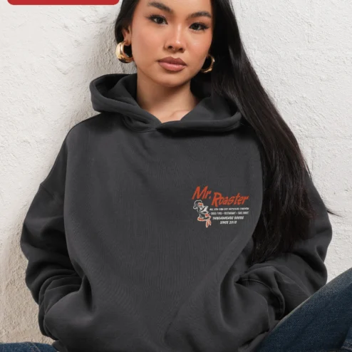 Close-up of Mr. Roaster Hoodie Vintage Logo Streetwear Pullover for Men for streetwear fans in Chicago, Illinois