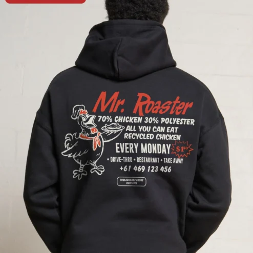 Customer in Chicago, Illinois wearing Mr. Roaster Hoodie Vintage Logo Streetwear Pullover for Men