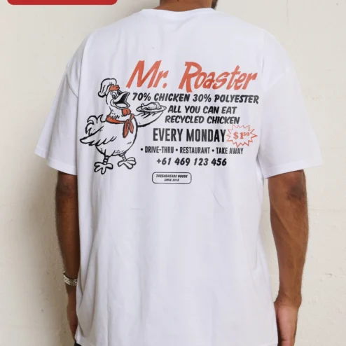 Close-up of Mr. Roaster Tee Funny Rooster Graphic T-Shirt for Men Women Coffee Lovers Streetwear Apparel for streetwear fans in Chicago, Illinois