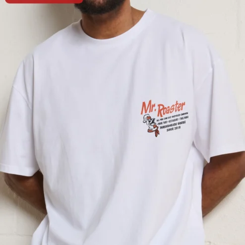 Close-up of Mr. Roaster Tee Funny Rooster Graphic T-Shirt for Men Women Coffee Lovers Streetwear Apparel for streetwear fans in Chicago, Illinois