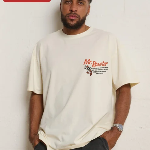Customer in Chicago, Illinois wearing Mr. Roaster Tee Funny Rooster Graphic T-Shirt for Men Women Coffee Lovers Streetwear Apparel
