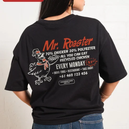 Close-up of Mr. Roaster Tee Funny Rooster Graphic T-Shirt for Men Women Coffee Lovers Streetwear Apparel for streetwear fans in Chicago, Illinois