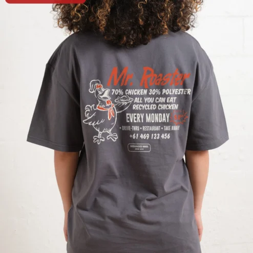 Close-up of Mr. Roaster Tee Funny Rooster Graphic T-Shirt for Men Women Coffee Lovers Streetwear Apparel for streetwear fans in Chicago, Illinois