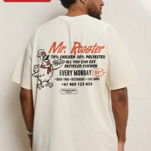 Customer in Chicago, Illinois wearing Mr. Roaster Tee Funny Rooster Graphic T-Shirt for Men Women Coffee Lovers Streetwear Apparel