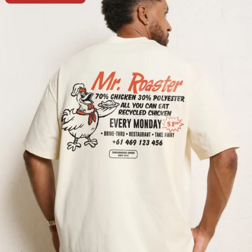 Close-up of Mr. Roaster Tee Men's Black Oversized Streetwear Shirt Coffee Lover Gift for streetwear fans in Chicago, Illinois