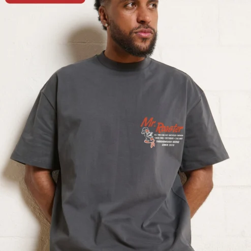 Close-up of Mr. Roaster Tee Men's Black Oversized Streetwear Shirt Coffee Lover Gift for streetwear fans in Chicago, Illinois