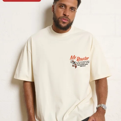 Close-up of Mr. Roaster Tee Men's Black Oversized Streetwear Shirt Coffee Lover Gift for streetwear fans in Chicago, Illinois