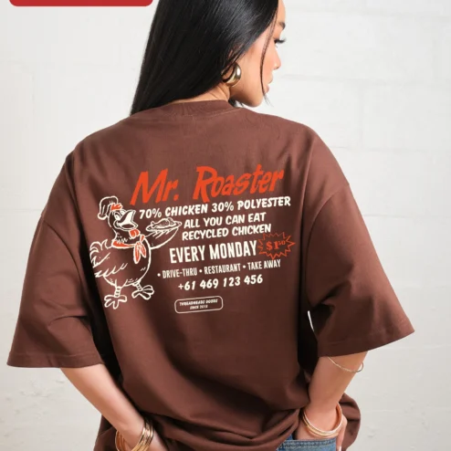 Close-up of Mr. Roaster Tee Men's Black Oversized Streetwear Shirt Coffee Lover Gift for streetwear fans in Chicago, Illinois