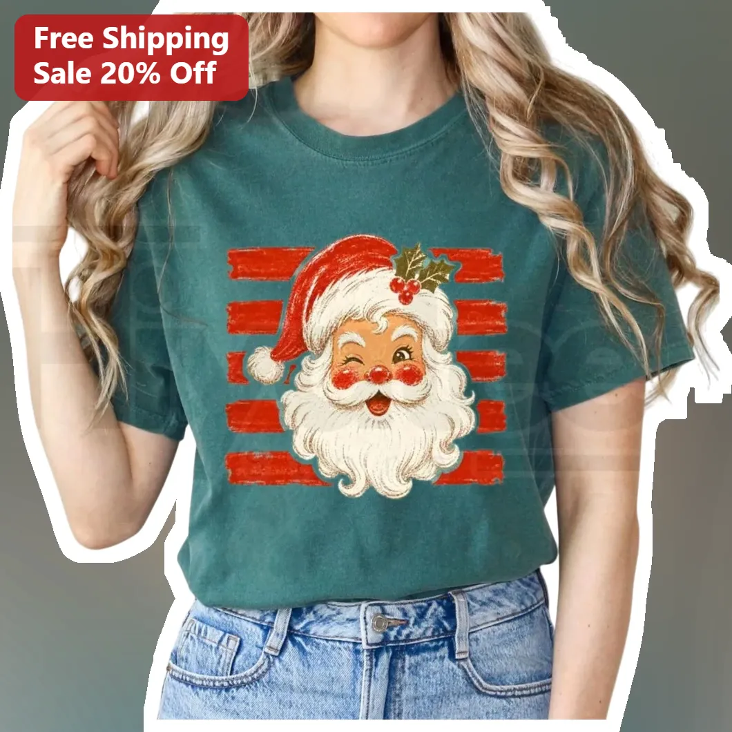 Mrs. Claus Vintage Winking Santa Wife Graphic Tee Retro Christmas Gift for Women