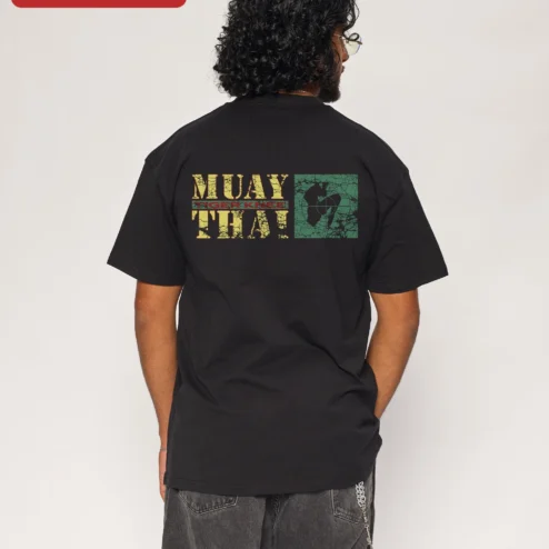 Customer in Chicago, Illinois wearing Muay Thai Tee Vintage Fighter Graphic Shirt Martial Arts Apparel Gift for Men Women