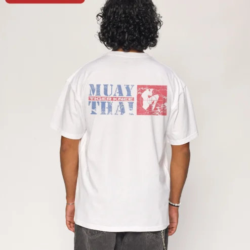 Close-up of Muay Thai Tee Vintage Fighter Graphic Shirt Martial Arts Apparel Gift for Men Women for streetwear fans in Chicago, Illinois