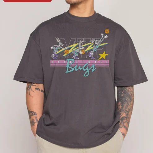 MVP Basketball Bugs Bunny Tee Retro Space Jam Style Black Graphic Shirt for Men on a hanger, ready to ship from Chicago, Illinois