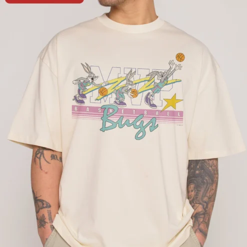 Customer in Chicago, Illinois wearing MVP Basketball Bugs Bunny Tee Retro Space Jam Style Black Graphic Shirt for Men