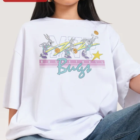 Close-up of MVP Basketball Bugs Bunny Tee Retro Space Jam Style Black Graphic Shirt for Men for streetwear fans in Chicago, Illinois