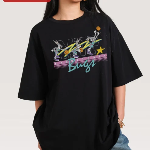 MVP Basketball Bugs Bunny Tee Retro Space Jam Style Black Graphic Shirt for Men