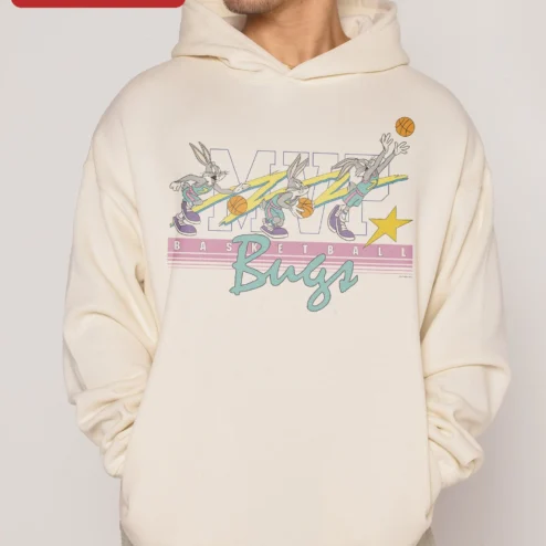 MVP Basketball Bugs Hoodie Looney Tunes Character Retro Sports Graphic Sweatshirt for Men on a hanger, ready to ship from Chicago, Illinois