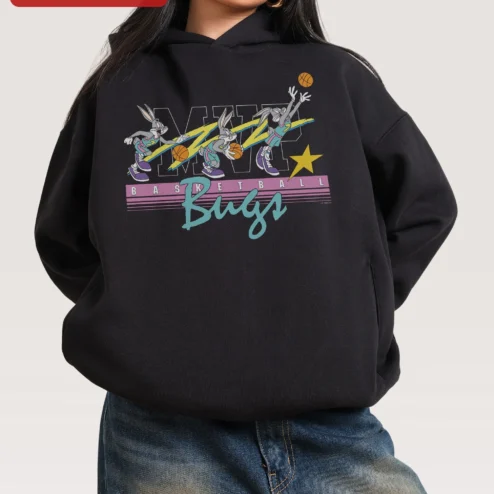Customer in Chicago, Illinois wearing MVP Basketball Bugs Hoodie Looney Tunes Character Retro Sports Graphic Sweatshirt for Men