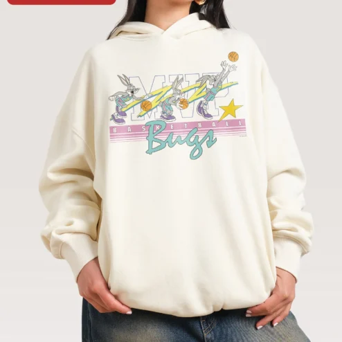 Close-up of MVP Basketball Bugs Hoodie Looney Tunes Character Retro Sports Graphic Sweatshirt for Men for streetwear fans in Chicago, Illinois