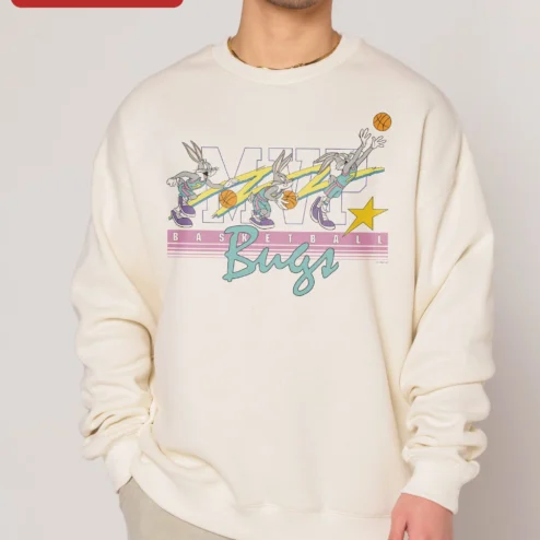 MVP Basketball Bugs Sweatshirt Looney Tunes Character Retro Sports Graphic Crewneck for Men Women on a hanger, ready to ship from Chicago, Illinois