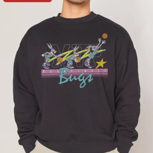 Customer in Chicago, Illinois wearing MVP Basketball Bugs Sweatshirt Looney Tunes Character Retro Sports Graphic Crewneck for Men Women