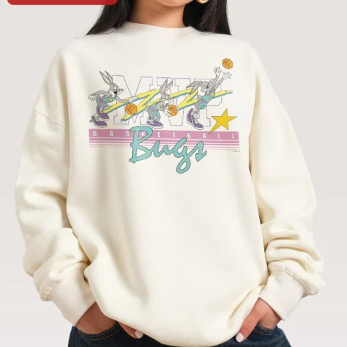 Close-up of MVP Basketball Bugs Sweatshirt Looney Tunes Character Retro Sports Graphic Crewneck for Men Women for streetwear fans in Chicago, Illinois