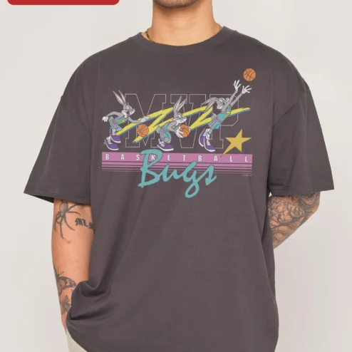 MVP Basketball Bugs Tee Looney Tunes Vintage Cartoon Graphic Shirt on a hanger, ready to ship from Chicago, Illinois