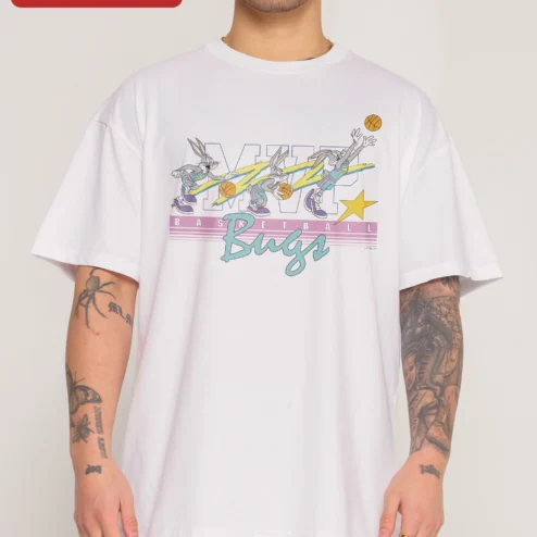 Close-up of MVP Basketball Bugs Tee Looney Tunes Vintage Cartoon Graphic Shirt for streetwear fans in Chicago, Illinois
