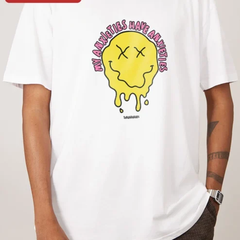Customer in Chicago, Illinois wearing My Anxieties Have Anxieties Tee Melting Smiley Face Mental Health Humor Graphic Shirt for Gen Z