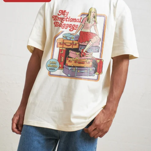 My Emotional Baggage Life Skills Series Tee Funny Retro Graphic Shirt for Women on a hanger, ready to ship from Chicago, Illinois
