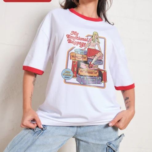 Customer in Chicago, Illinois wearing My Emotional Baggage Life Skills Series Tee Funny Retro Graphic Shirt for Women