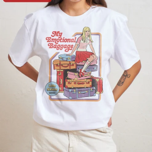 Close-up of My Emotional Baggage Life Skills Series Tee Funny Retro Graphic Shirt for Women for streetwear fans in Chicago, Illinois