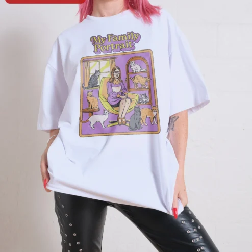 My Family Portrait Tee Retro Cat Mom Graphic Shirt Funny Pet Owner Gift for Women on a hanger, ready to ship from Chicago, Illinois