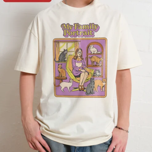 Customer in Chicago, Illinois wearing My Family Portrait Tee Retro Cat Mom Graphic T-Shirt Funny Pet Lover Gift