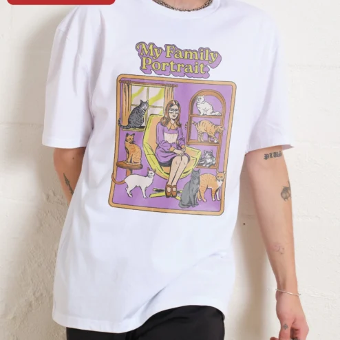 Close-up of My Family Portrait Tee Retro Cat Mom Graphic T-Shirt Funny Pet Lover Gift for streetwear fans in Chicago, Illinois