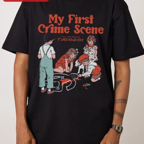 My First Crime Scene Tee Funny True Crime Graphic Shirt for Women Men CSI Forensics Student Gift on a hanger, ready to ship from Chicago, Illinois