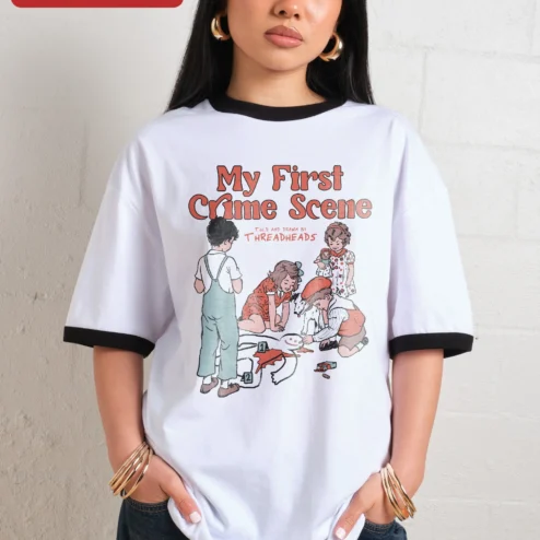 My First Crime Scene Tee Funny True Crime Graphic Shirt for Women Men CSI Forensics Student Gift
