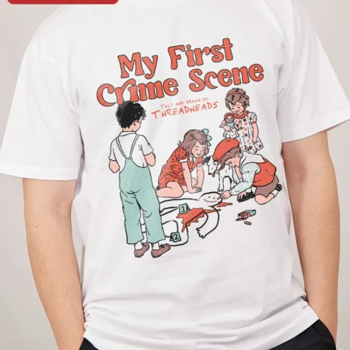 Customer in Chicago, Illinois wearing My First Crime Scene Tee Funny True Crime Graphic Shirt for Women Men CSI Forensics Student Gift
