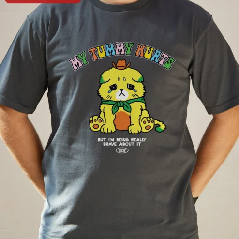 Customer in Chicago, Illinois wearing My Tummy Hurts But I'm Being Really Brave About It Funny Dog Graphic Tee