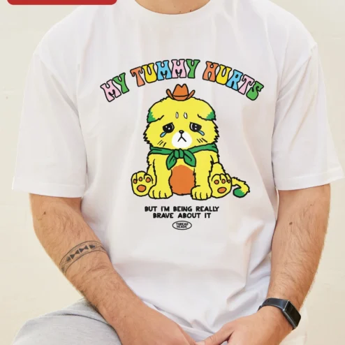 Customer in Chicago, Illinois wearing My Tummy Hurts But I'm Being Really Brave About It Funny Dog Graphic Tee