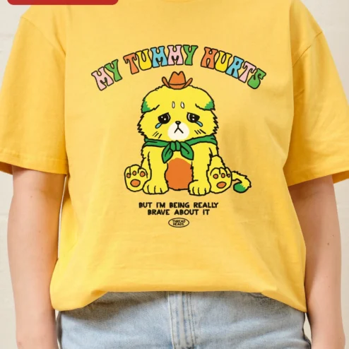 Close-up of My Tummy Hurts But I'm Being Really Brave About It Funny Dog Graphic Tee for streetwear fans in Chicago, Illinois