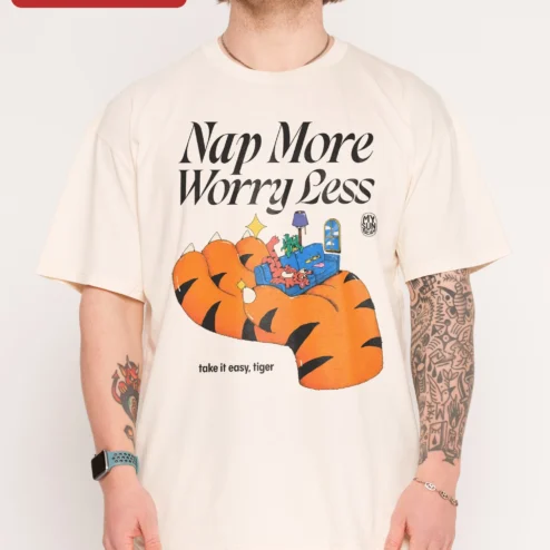 Nap More Worry Less Take It Easy Tiger Graphic Tee Funny Animal Lover Gift on a hanger, ready to ship from Chicago, Illinois