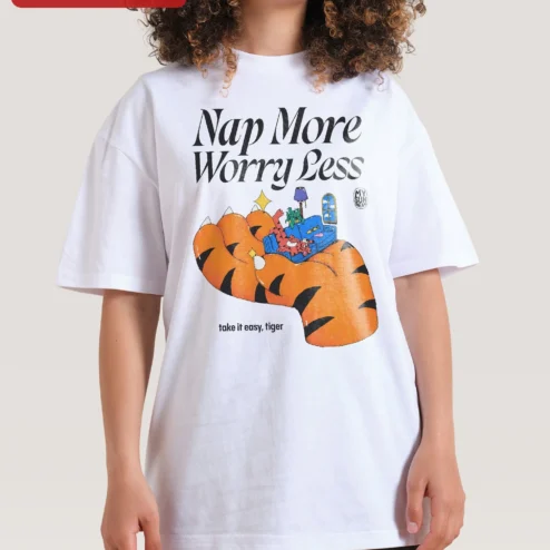 Customer in Chicago, Illinois wearing Nap More Worry Less Take It Easy Tiger Graphic Tee Funny Animal Lover Gift
