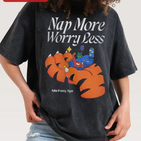 Nap More Worry Less Take It Easy Tiger Tee on a hanger, ready to ship from Chicago, Illinois