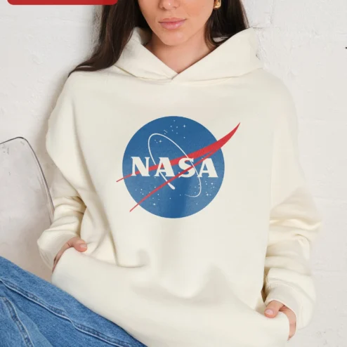 Close-up of NASA Hoodie Meatball Logo Space Apparel Pullover for Men Women Astronomy Gift for streetwear fans in Chicago, Illinois