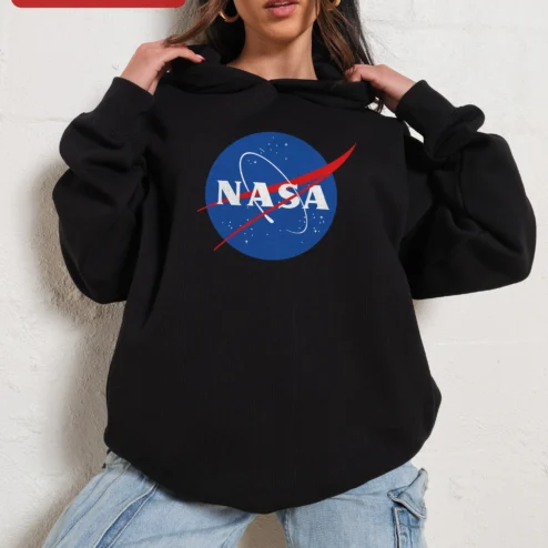 Close-up of NASA Hoodie Meatball Logo Space Exploration Pullover for Men Women Astronomy Gift for streetwear fans in Chicago, Illinois