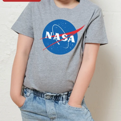 NASA Meatball Logo Kids Tee Space Theme Cotton T-Shirt Gift for Students on a hanger, ready to ship from Chicago, Illinois